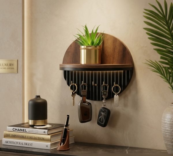 Modern Wooden Fluted Key Holder with Display Shelf (Black)