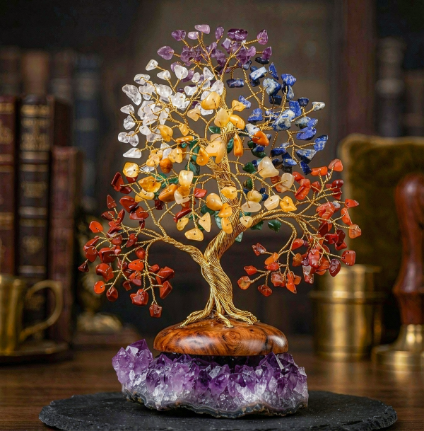 Premium 7-Chakra Gemstone Tree of Life with Raw Amethyst Geode Base – Artisan Hand-Wired Crystal Decor