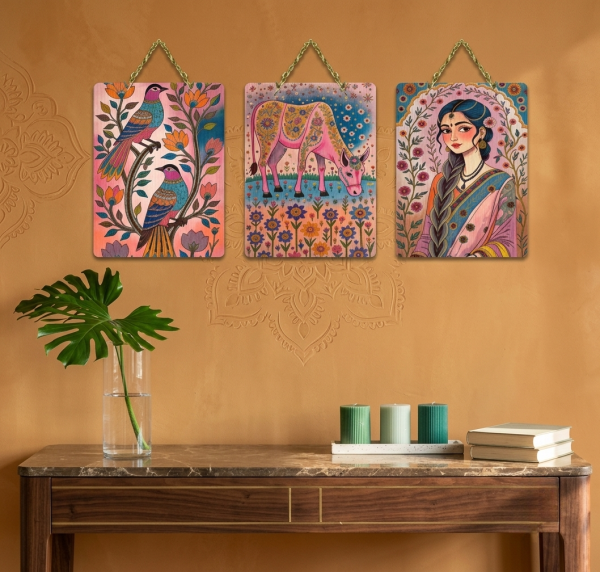 Viraasat Ethnic Wall Art Set of 3 | Traditional Indian Folk Art Hanging Decor
